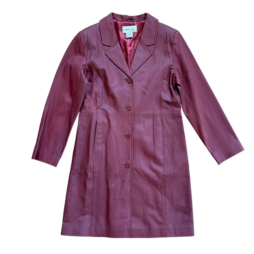 Tower Hill Burgundy Leather Long Coat Vintage Wine Red Trench Size 12